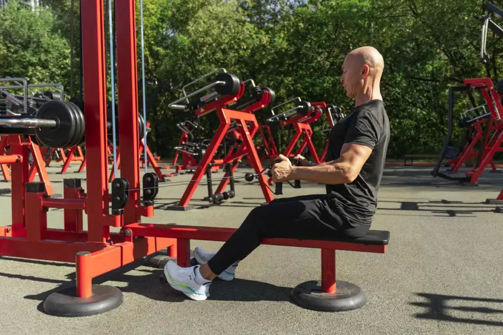 Un homme qui s'entraîne sur un appareil sportif en extérieur